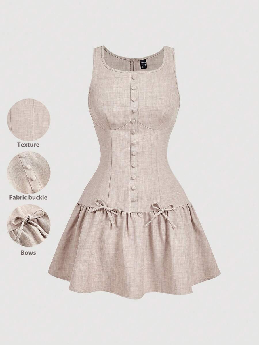 SHEIN MOD 无袖迷你连衣裙，饰有纽扣和蝴蝶结，畅销连衣裙，休闲连衣裙，秋季派对和夜店装，夏季连衣裙，下午茶连衣裙，可爱连衣裙，返校节连衣裙，复古风格，毕业礼服，束腰连衣裙，中性色连衣裙 - 卡其色 - 查看 1