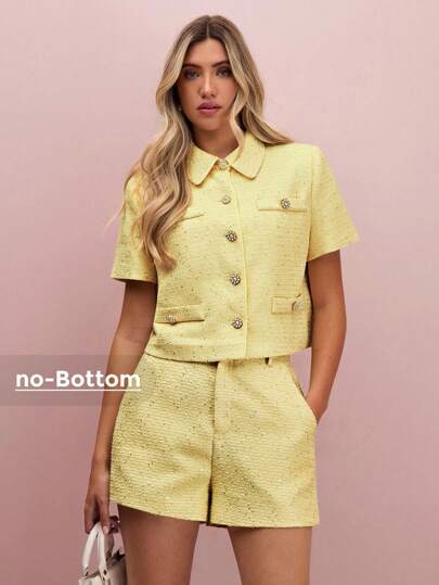 Enchnt Fall/Winter Romantic Women's Yellow Floral Beads Tweed Button Short Sleeve Single-Breasted Elegant Jacket,Sweet&Elegant&Fashionable For Vacation&Date&Holiday&Birthday&Party&Graduation&Wedding Guest&Office&Going Out,Back To School,Fall Jackets For Women,Autumn Clothes