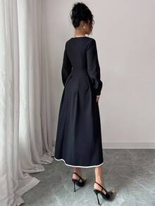 Siren Gaze Solid Color U-Neck A-Line Hem Dress, Contrast Trim Dress, Elegant Women's Clothing, Ladies Office/Commute Long Sleeve Dress, Black Dress Winter Evening Dress Black - Black - View 2
