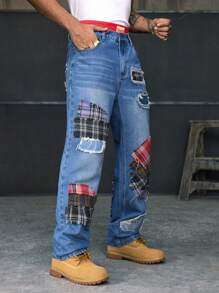 AXEPEAK Herren Patchwork Karomuster Taschen Gerade Loose Lässig Vielseitige Jeans