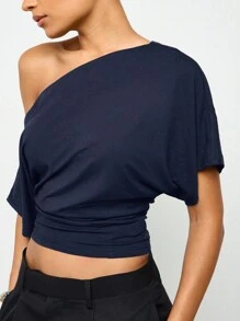 AiiRZ Off Shoulder Batwing T Shirt Asymmetric Crop Top Party Evening Casual Summer Spring Draped Dolman Sleeve Fashion Basic - Navy Blue - View 4