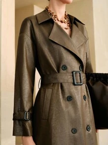 Arave 女士涂层面料时尚复古双排扣超大长款风衣（配腰带）、秋季女装、复古风女士、万圣节女装、休闲女士、机场美亚德风格旅行 - 咖啡棕 - 查看 2