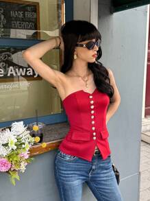 SHEIN Unity 女式春夏新款时尚金色纽扣下摆开衩性感V领褶饰短款上衣 - 酒紅色 - 查看 6