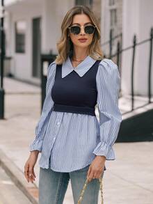 EMERY ROSE Ladies" Fashionable Elegant Blue And White Striped Top - Blue - View 4