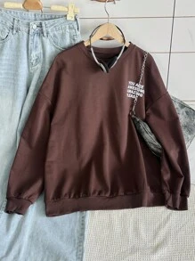 SHEIN Women's Dropped Shoulder Casual Front & Back Slogan Loose Sweatshirt Pullover Fall - Coffee Brown - View 5