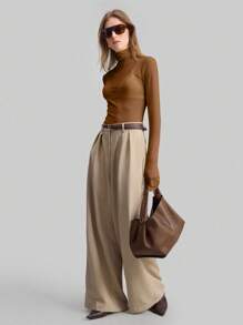 Ontre 2026 Spring/Summer New Women's Sheer Mesh Turtleneck Top, Minimalist Versatile Business Casual Office Wear - Brown - View 2