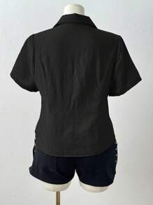 Flirla Lace Trim Form-Fitting Casual Short Sleeve Blouse - Black - View 2