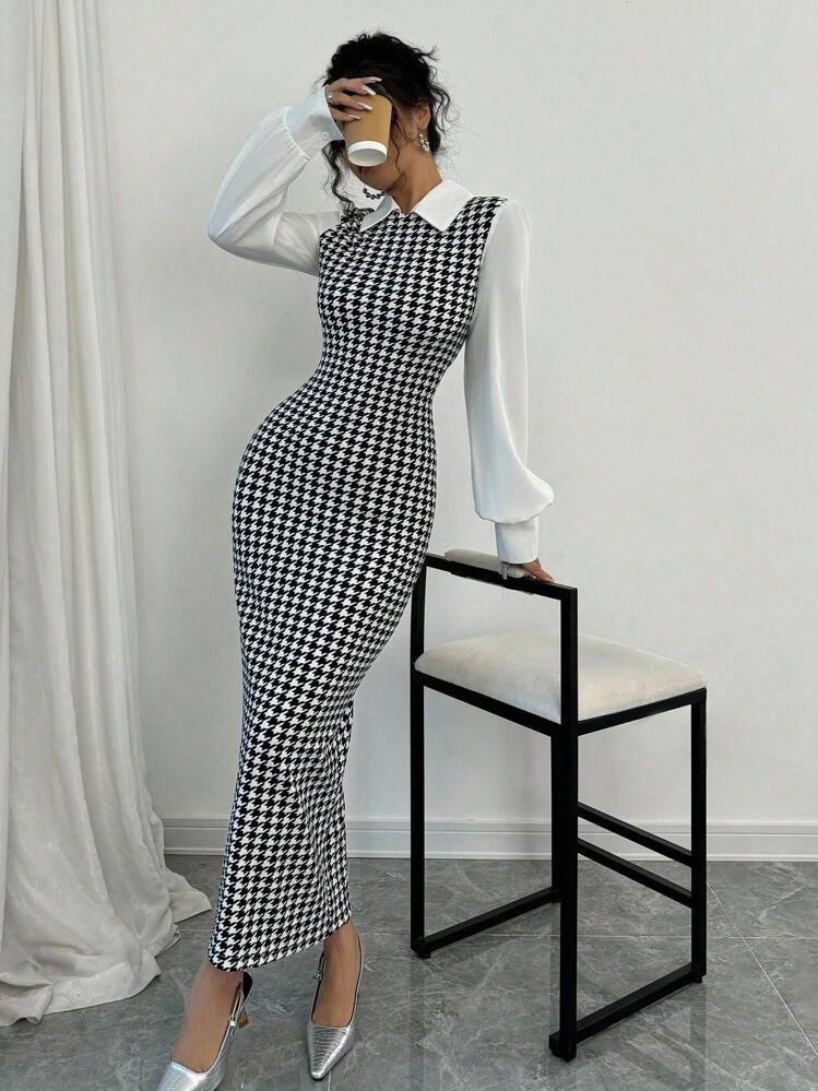 Selianne Fashionable Elegant Slim Long Patchwork Puff Sleeve Collar Houndstooth Pattern Fabric Women's Long Dress, Autumn/Winter Maxi Women Outfit Fall Cloth For Women - Black - View 4