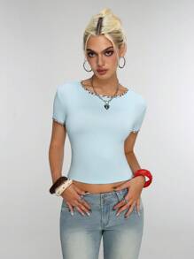 Jeanoix 夏季休闲豹纹拼布修身短款T恤 - 藍色 - 查看 3