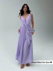 Aloruh 女士新款夏季雪纺连衣裙，纯色浅紫色透视设计，扭结领口，优雅长裙女士派对连衣裙薰衣草连衣裙丁香连衣裙紫色连衣裙女神连衣裙女士夏季连衣裙女士连衣裙女士夏季服装女士连衣裙女士夏季防晒连衣裙 - 淡紫色 - 查看 1