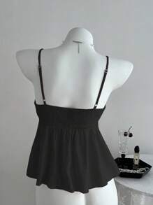 Elnivra 女士可爱纯色褶皱粉色吊带背心，夏季大学校园黑色上衣，黑色系带上衣，黑色吊带衫，黑色荷叶边上衣，可爱黑色上衣 - 黑色 - 查看 2