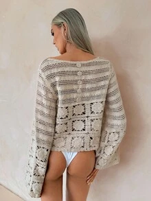 SHEIN Saída de praia feminina de crochê vazado, estilo férias, primavera/outono - Damasco - Ver 2