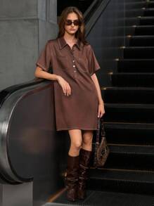 Aveloria Affinna Halloween Women's Summer/Autumn New Collared Button Pocket Loose Contrast Color Straight Denim Slimming & Youthful Short Sleeve Mini Dress