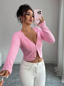 Elenzga 女式扭纹图案长袖单排扣短款针织开衫 - 粉色 - 查看 5