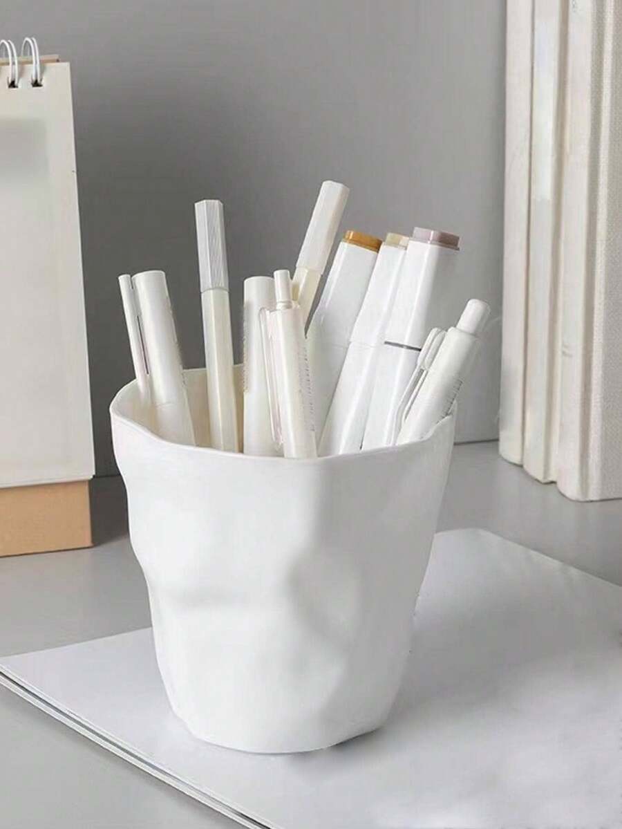 SHEIN 1PC  Minimalist Style Pure White Creative Art Personalized Pen Holder Learning Stationery Storage Bin Makeup Brush Holder Desktop Garbage Bin Desktop Fruit Shell Storage Basin - White - View 1