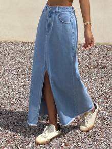 Livesso 女士夏季毛边前开衩牛仔半身裙 - 藍色 - 查看 1