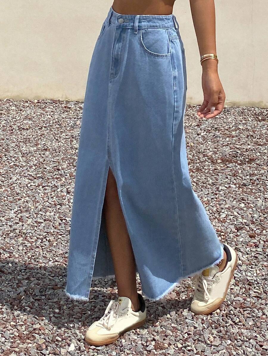 Livesso 女士夏季毛边前开衩牛仔半身裙 - 藍色 - 查看 1