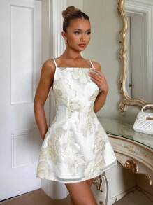 Glamine Charm Women's Short Organza Jacquard Gold Thread Decor Princess A-Line Slip Dress, Summer Mini Party Dress For Wedding Guest, Cocktail, Tea Ceremony - Apricot - View 3