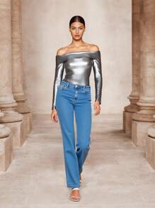 SHEIN Unity 女士派对夜出闪亮银色 Y2K 风格露肩长袖紧身衣，时尚优雅性感造型，秋冬外出装 - 銀色 - 查看 5