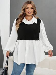 SHEIN CURVE+ Plus Size Casual Color Block Lantern Sleeve 2 In 1 Shirtfall Clothes For Women,Winter,CURVE PLUS - Black and White - View 6