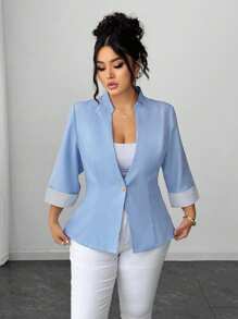 Elenzga 加大码 V 领前开襟优雅通勤拼色条纹袖口 3/4 袖二合一百搭工作西装外套毕业、返校、教师装女士 - 藍色 - 查看 2