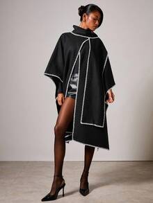 COSMINA 秋冬女装时尚街头撞色绑带蝙蝠袖宽松长款夹克 - 黑色 - 查看 5