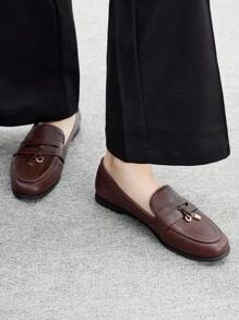 CUCCOO BIZCHIC Women's Fashion Flat Loafers With Gold Lock Decor, Suitable For Daily Wear For Christmas Spring Shoes - Brown - View 4
