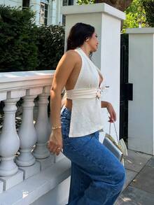 NegzBox Spring/Summer Sexy Beach Vacation V-Neck Metal Buckle Halter Backless Textured Fabric Tank Top, Suitable For Holiday, Date, Afternoon Tea, Music Festival, Bohemian Style