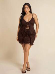 SHEIN BAE 大码女式蕾丝荷叶边吊带背心和百褶迷你裙两件套，春夏 - 咖啡棕 - 查看 2