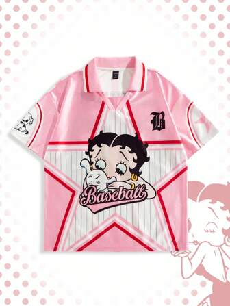 Betty Boop | ROMWE Men's Summer Pink Cartoon & Star Print Short Sleeve Polo Shirt