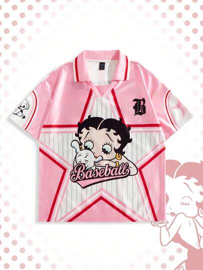 Betty Boop | ROMWE قميص بولو قصير الأكمام مطبوع بنجوم وكرتون وردي اللون، طراز عام 2000