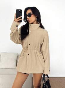 SHEIN EZwear Women's Solid Color Drop Shoulder Long Sleeve Single-Breasted Casual Regular Jacket, Fall Women Clothes - Khaki - View 1