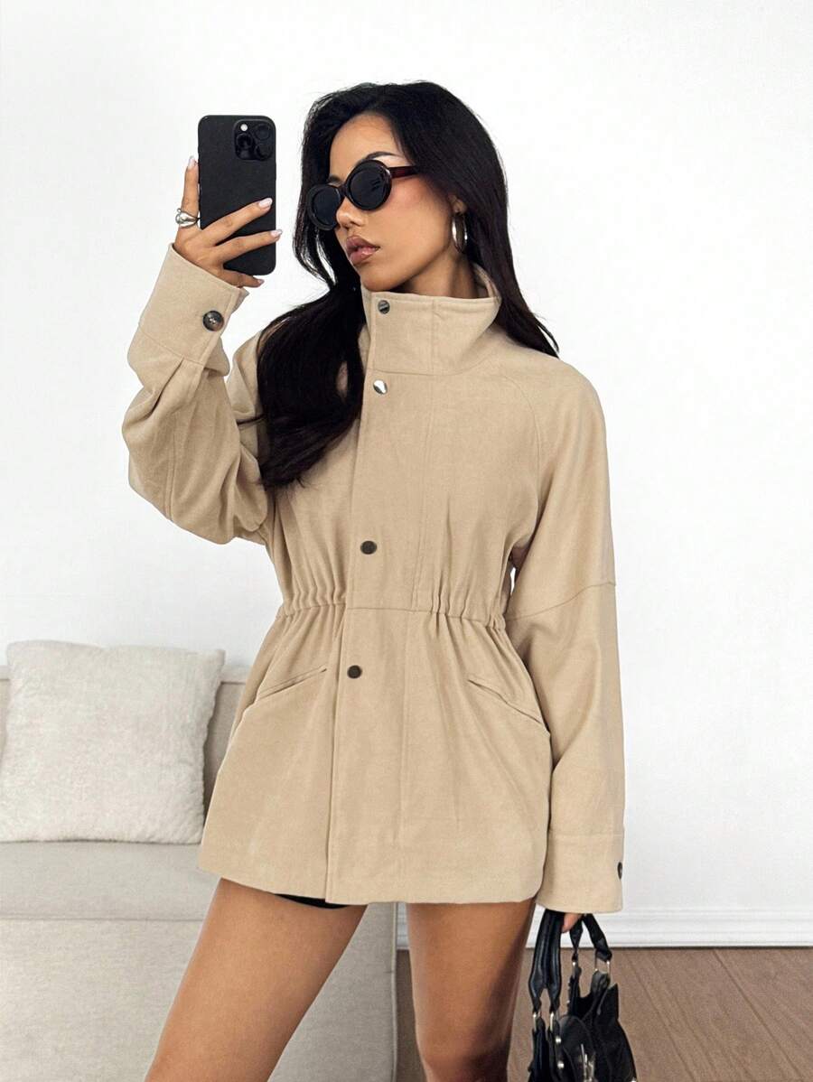SHEIN EZwear Women's Solid Color Drop Shoulder Long Sleeve Single-Breasted Casual Regular Jacket, Fall Women Clothes - Khaki - View 1