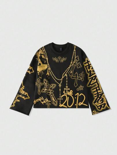 Goth Men's Loose Cropped Cross Print Long Sleeve Hoodie