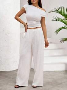 SHEIN PETITE 2pcs Women Set: Oblique Shoulder T-Shirt & Casual Pants - White - View 9
