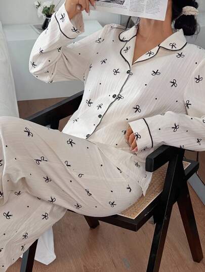 Long Sleeve Top Woven Women Pants Pajama Set Bow Pattern Regular Fit, Fall Clothes Cozy Elegante