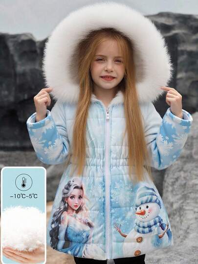 SHEIN Elladie kids 1件冬季幼童女款時尚中長款厚外套，附毛領、連帽、腰帶、拉鍊，A字裙擺設計，可愛卡通冰雪公主圖案印花，適合日常穿著、戶外活動、返校、旅行、度假及各種場合