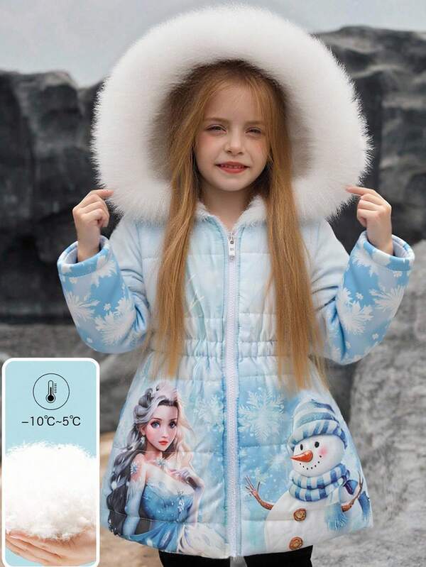 SHEIN Elladie kids Young Girl Autumn/Winter New Stylish Cute Cartoon Princess Thickened Fur Collar Hooded Waist Cinched Midi Coat Fall