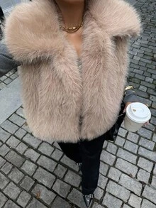 Siren Gaze Solid Color Sleeveless Casual Faux Fur Jacket, Retro Open Front Coat With Artificial Fur Collar, Fashionable Outerwear In Fall/Winter Brown