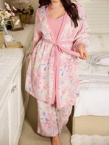 FairyFlirt 大码碎花睡衣套装，优雅印花吊带睡衣套装，柔软梭织面料，三件套，秋冬服装 - 粉色 - 查看 3