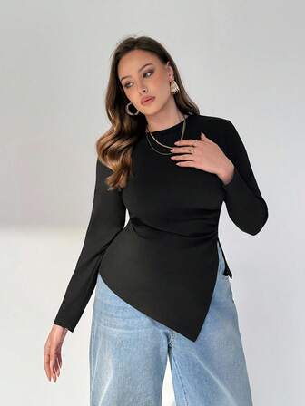 Auralis Blusa negra delgada con bajo asimétrico, de moda casual y cómoda para mujer de talla grande, para otoño y primavera, ropa de salida, blusas negras para curvas