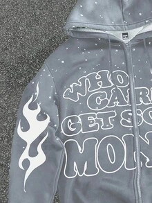 Manfinity EMRG Men's Casual Slogan Print Thermal Lined Hoodie Sweatshirt, Autumn/Winter, Who Cares Get Some Money Hoodie, Grey Zip Up Hoodie, Y2K - Grey - View 4