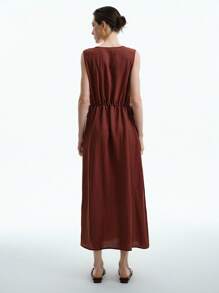 Aalyst Women's Elegant Fashion Commuter Casual Comfortable Charming Retro Minimalist Round Neck Side Drawstring Front Split Sleeveless Solid Color Dress