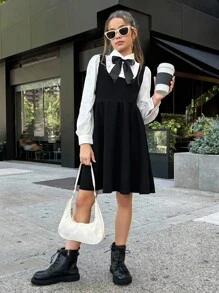 SHEIN Tween Mädchen Lässig Schule Alltag 2 in 1 Langarm Hemdkragen Kleid mit Schleife, Preppy Uniform Rückkehr zur Schule