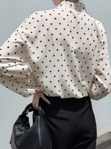 FRIFUL Women's Tie Neck Bow Polka Dot Loose Casual Versatile Blouse, Autumn Long Sleeve Top - Black and White - View 6