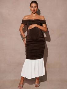 MaterniChic Autumn And Winter Elegant Maternity Off-Shoulder Color Block Patchwork Fishtail Dress - Brown - View 4