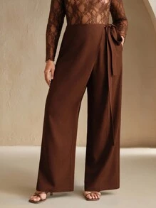 Anewsta Plus Size Women's Solid Color Wide Leg Pants, Elegant And Versatile - Mocha Brown - View 4