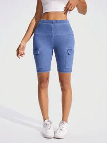 Flexra Women's Elastic Waist Denim Shorts With Pockets, Washed Knit Fabric - Medium Wash - View 5