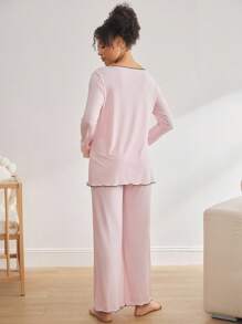 Moonlight&Mama Comfortable Rib Knit Pink Long Sleeve & Pants Pajama Set, Maternity Loungewear - Pink - View 3