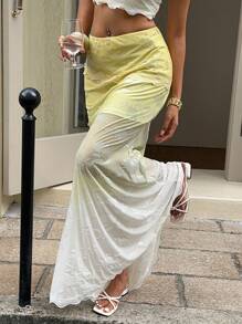 SHEIN EZwear Women's Gradient See-Through Mesh Skirt,Fashionable For Summer - Yellow - View 6